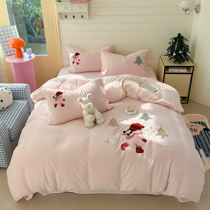 Plush Sherpa Embroidered Winter Cartoon Duvet Cover Set with Reversible Soft Lining and Pillow Shams