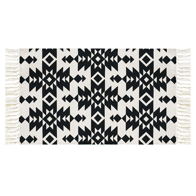 Flachgewebter Baumwollläufer mit mediterranem Kachel‑Jacquard und dekorativen Fransen Karnz