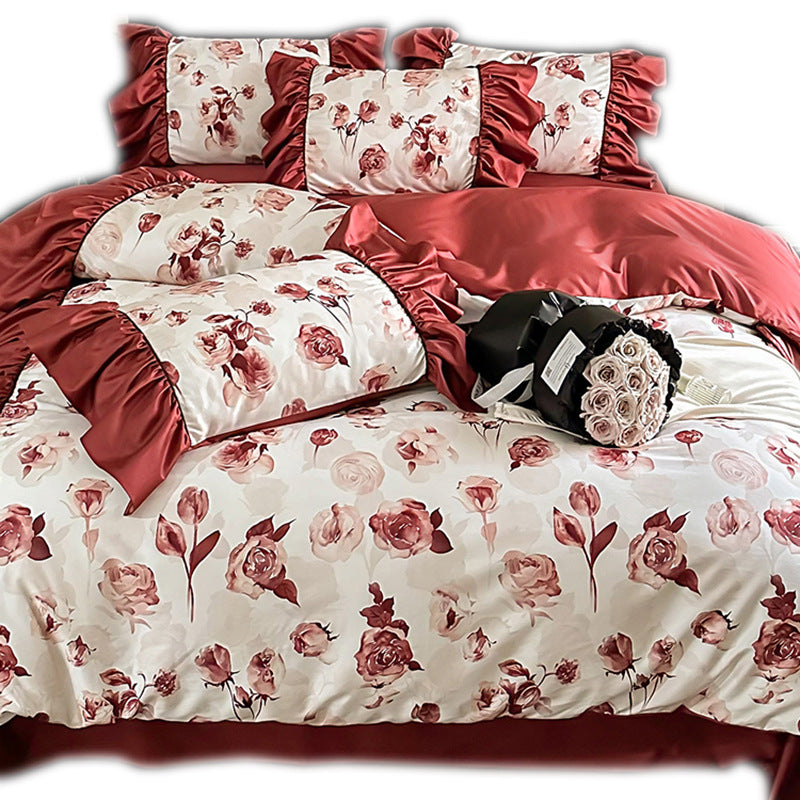 Luxuriöses Blumen-Satin-Bettwäsche-Set mit Volant, Bettrock und Kissenbezügen