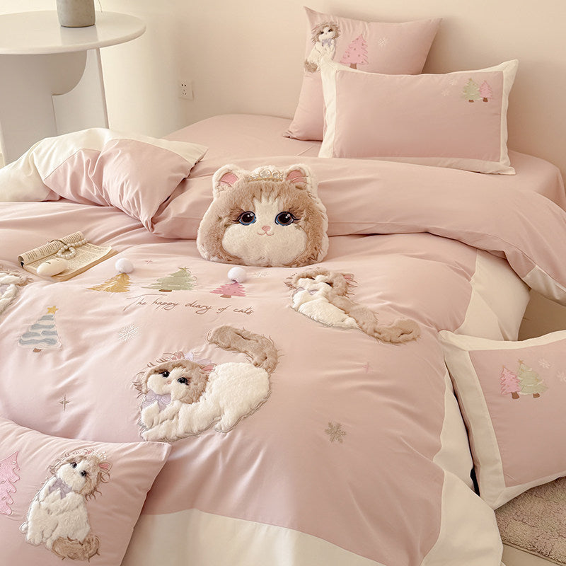 Plüsch-Applikation Katze Bettbezug Set mit dekorativen Kissenbezügen und plüschigem Wurfkissen