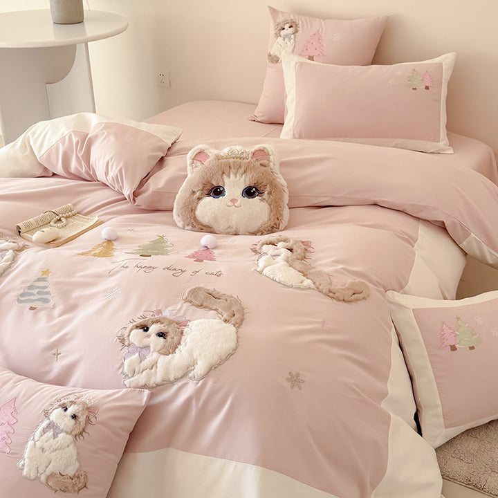 Plüsch-Applikation Katze Bettbezug Set mit dekorativen Kissenbezügen und plüschigem Wurfkissen