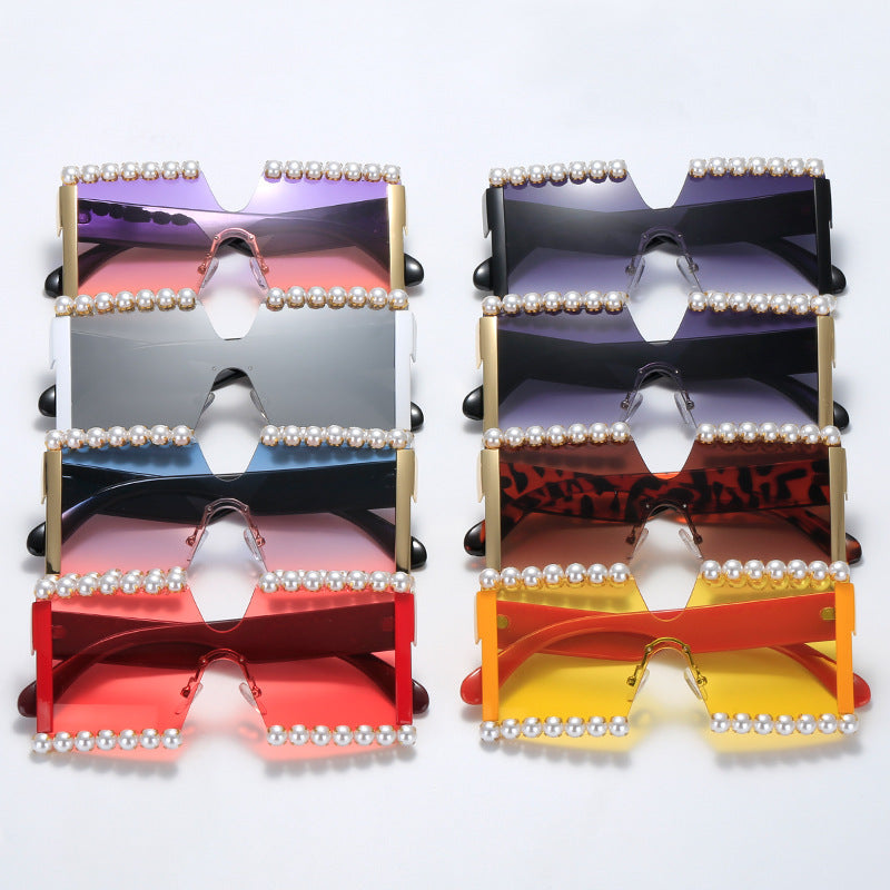 Damen extravagante Rechteck-Sonnenbrille mit Perlenschmuck und UV-Schutz Karnz