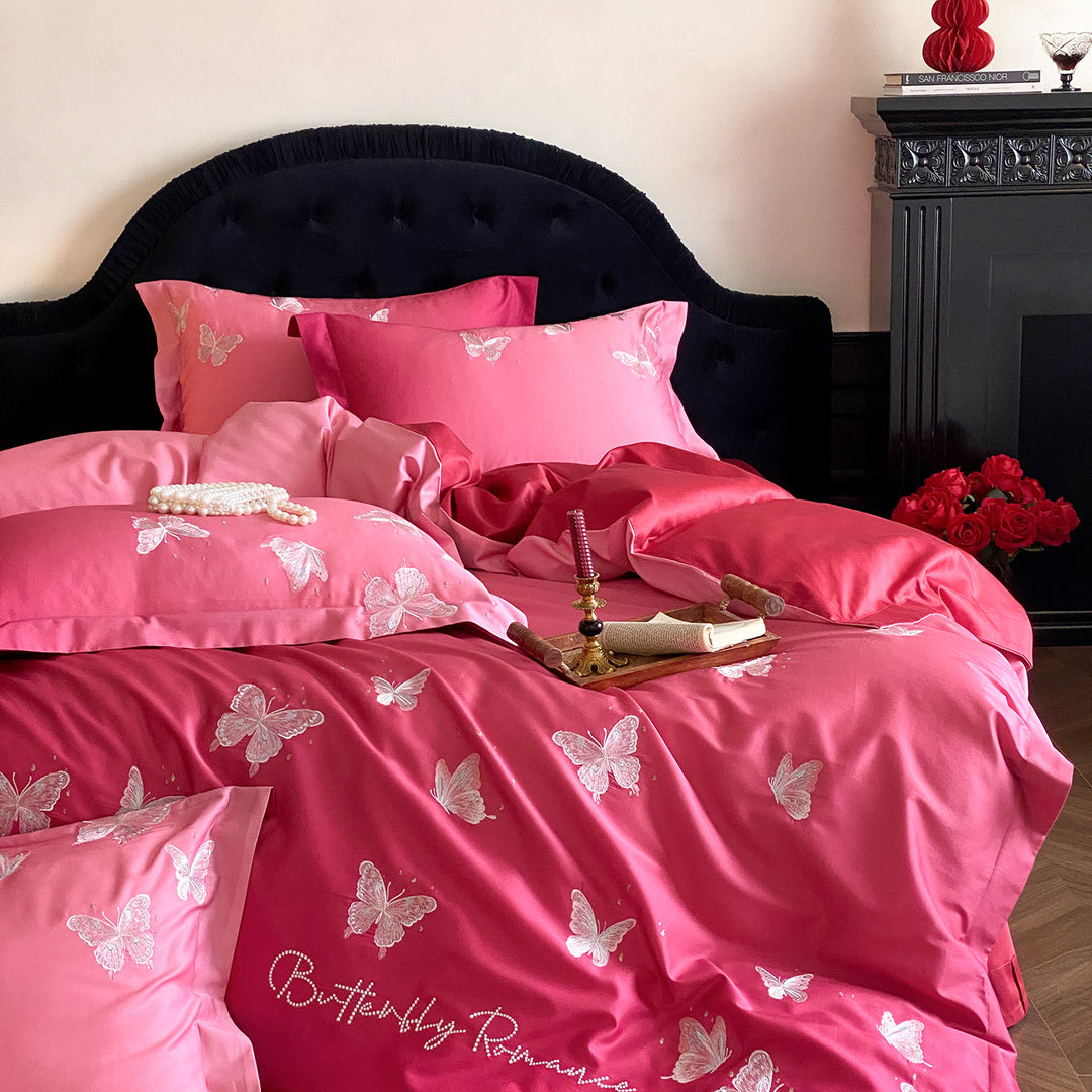 Luxus-Satin-Bettwäscheset mit bestickten Schmetterlingsapplikationen Karnz