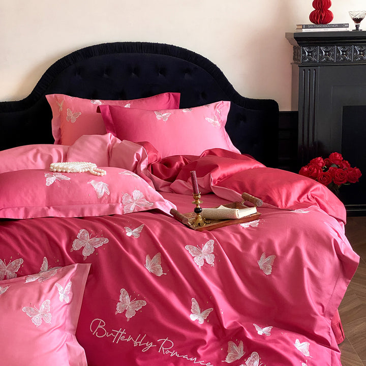 Luxus-Satin-Bettwäscheset mit bestickten Schmetterlingsapplikationen Karnz