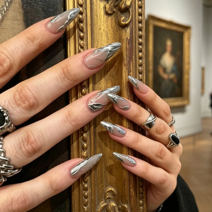 Metallic Marmor Kunst Stiletto Press-On Nägel Karnz