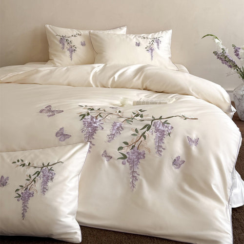 Gestickte Botanische Satin Bettbezug Set mit Zartem Glyzinienmotiv