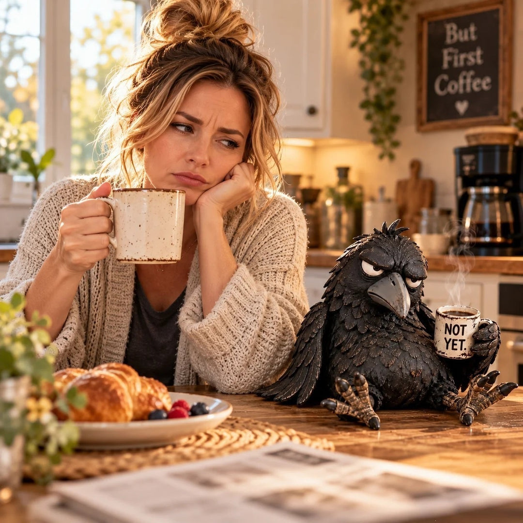 Eigenwillige Krähen Skulptur mit Kaffeetasse Karnz