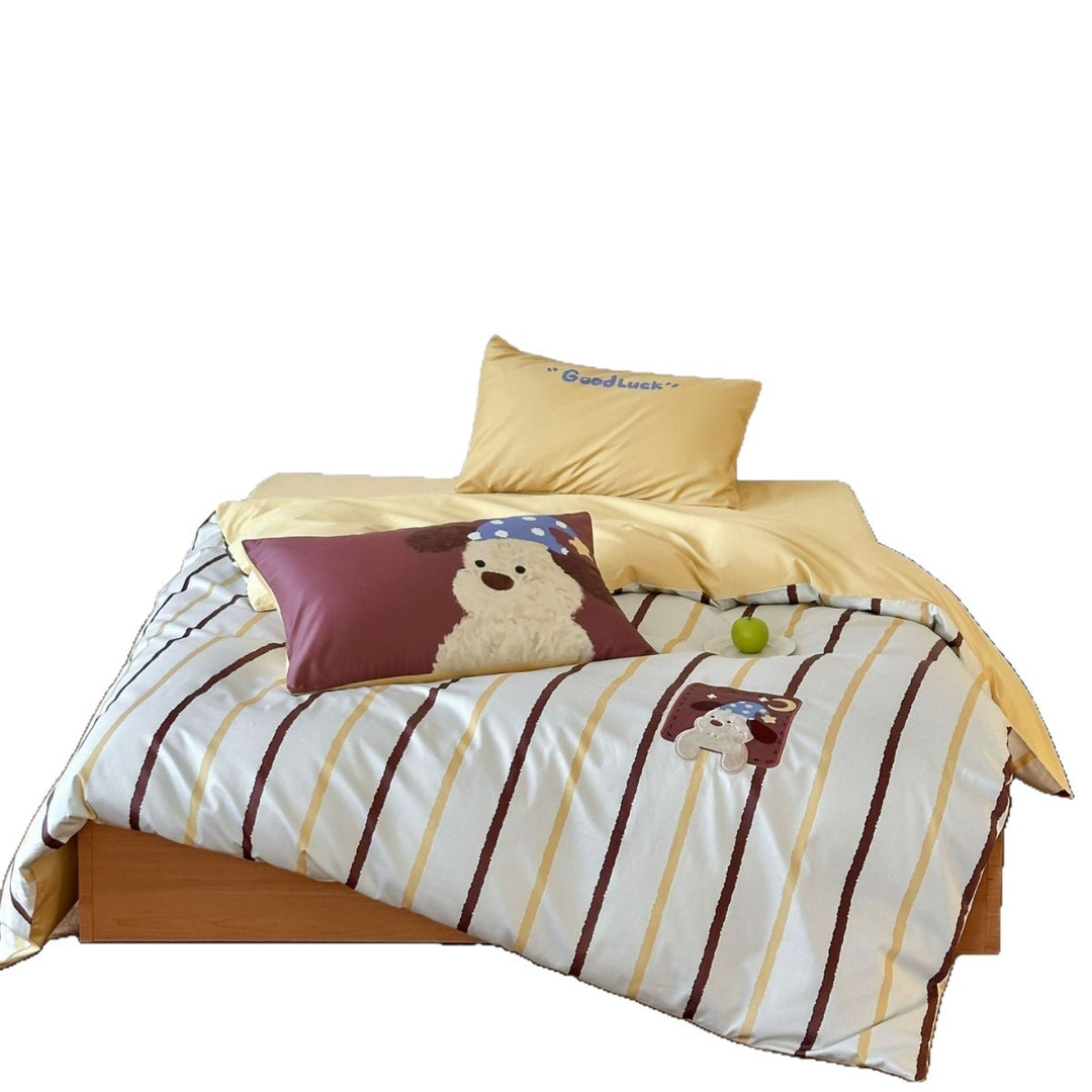 Gestreiftes Baumwollsatin Bettbezug-Set mit gesticktem Teddy-Applikation