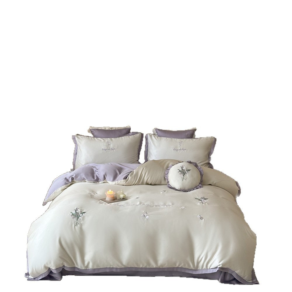 Satin-Bettbezug-Set mit floraler Stickerei, Wendefunktion und Zierkissen
