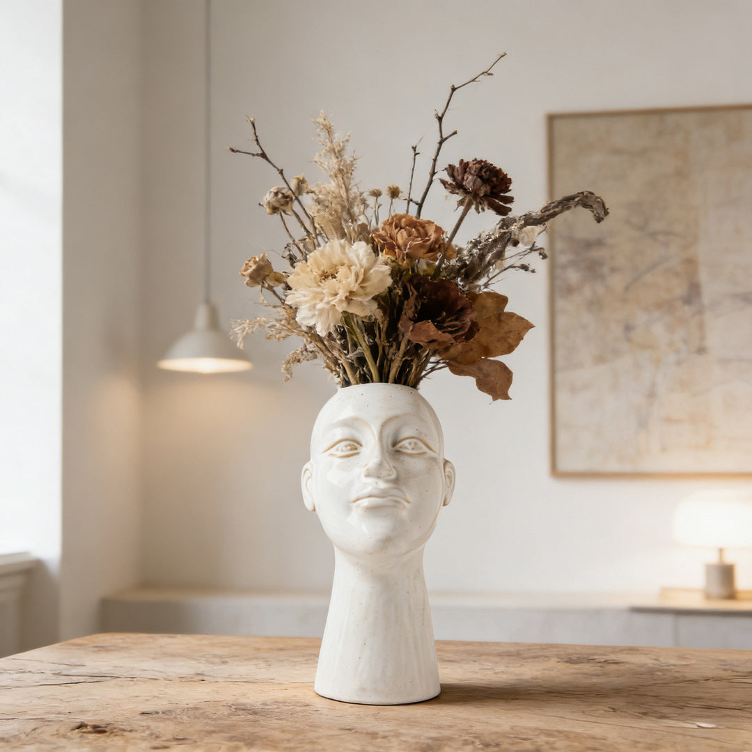 Handglasiertes zeitgenössisches skulpturales Kopf-Pflanzen-Vase mit schmalem Hals
