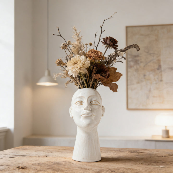 Handglasiertes zeitgenössisches skulpturales Kopf-Pflanzen-Vase mit schmalem Hals