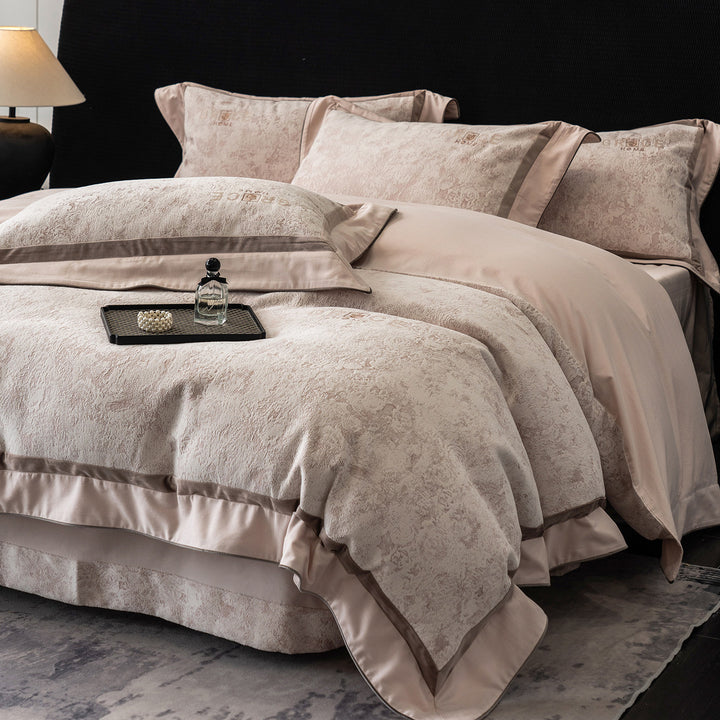 Hotel-Style Jacquard Texturiertes Bettbezug Set mit Satinbesatz Kissenbezügen