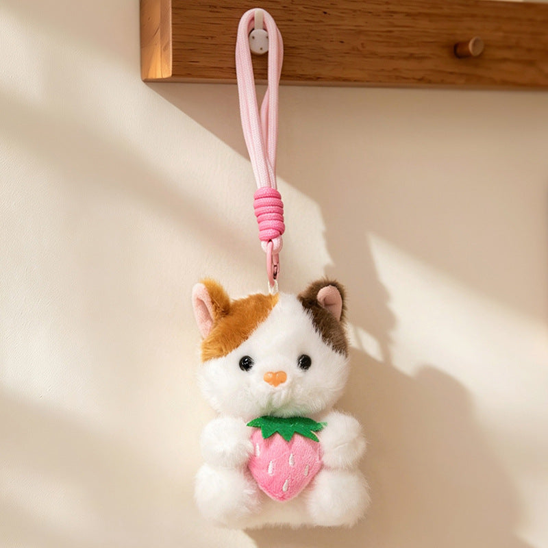 Plüsch Calico Katze Erdbeer Mini Taschenanhänger Schlüsselanhänger mit weichem Seilschlaufe & Metallclip Karnz