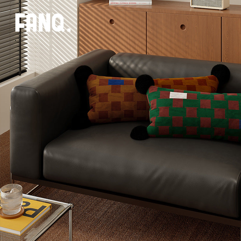 Decorative Long Lumbar Velvet Pillow with Checkerboard Jacquard, Pom-Pom Corners and Patchwork Accents