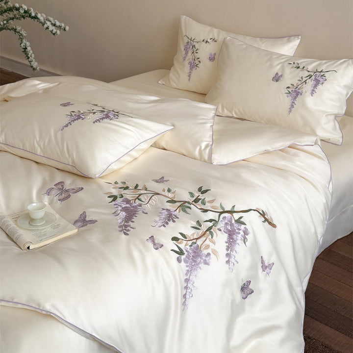 Gestickte Botanische Satin Bettbezug Set mit Zartem Glyzinienmotiv