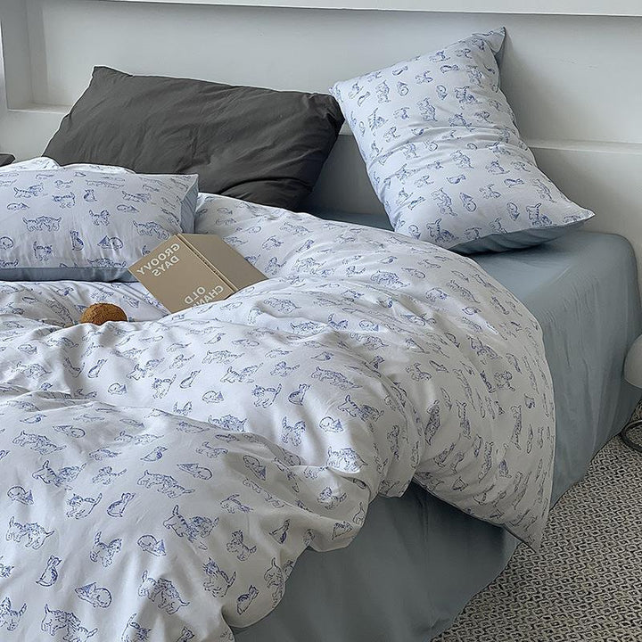 Feines Baumwoll-Perkal Bettbezug-Set mit skizzenhaftem Katzenprint und Hotelverschluss