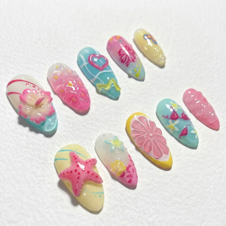 Lebhaftes Ozean-Themen Press-On Nagelkunst Set
