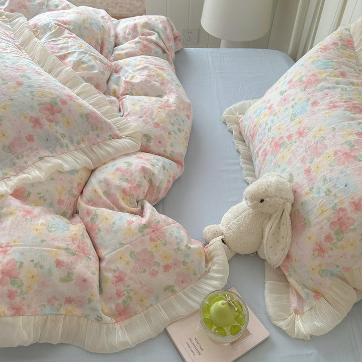 Pastellblumen Rüsch Baumwollsatin Bettbezug und Kissenbezug Set