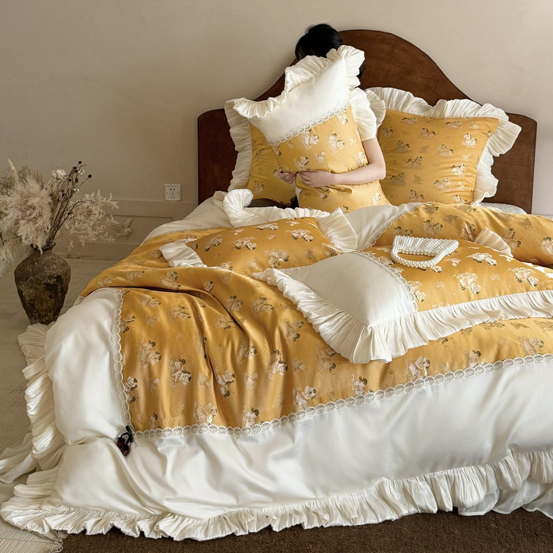 Rüschen Satin-Trim Quilt Bettbezug Set mit Spitzen-Einsätzen