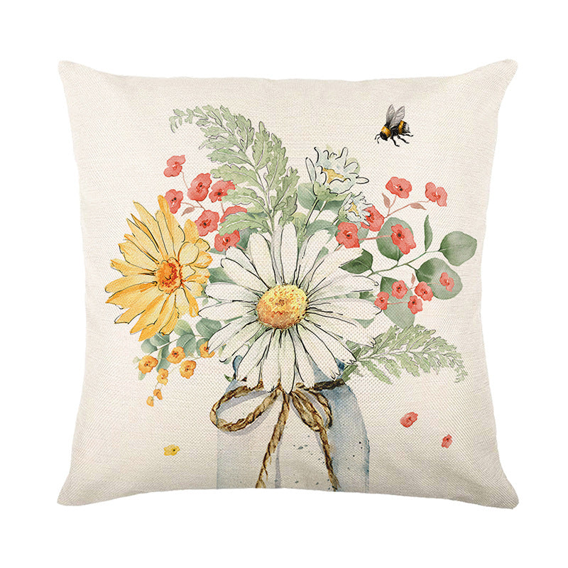 Quadratisches Baumwoll-Leinen-Wurfkissenbezug mit Aquarell-Gänseblümchen Bienenillustration & 'Home Sweet Home' Schriftzug