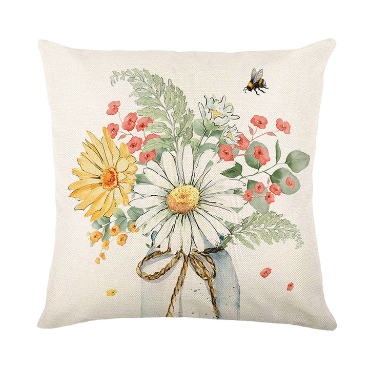Quadratisches Baumwoll-Leinen-Wurfkissenbezug mit Aquarell-Gänseblümchen Bienenillustration & 'Home Sweet Home' Schriftzug