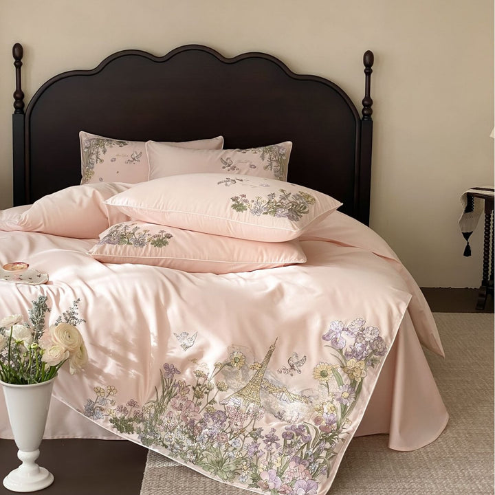 Luxuriöser Satin bestickter Bettbezug Set mit floralem Pariser Motiv