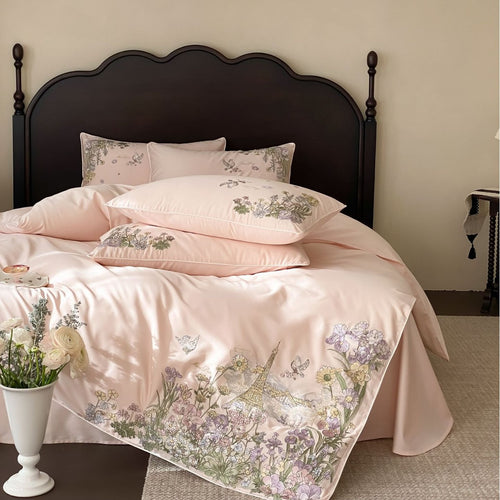 Luxuriöser Satin bestickter Bettbezug Set mit floralem Pariser Motiv