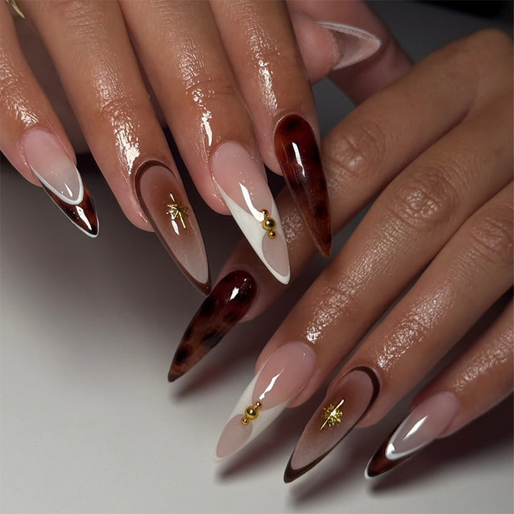 Künstlerisches Press-On-Nagelset mit einzigartigem Schildpatt- und subtilen Blumenmustern Karnz