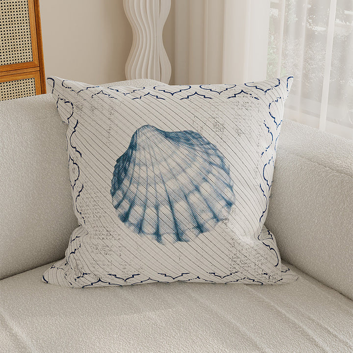 Decorative Coastal Shell Print Square Throw Pillow Cover with Textured Woven Fabric