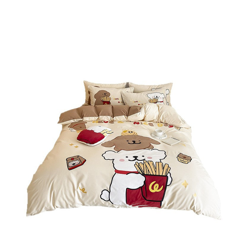 Kuscheliges Bettwäscheset mit niedlichen Cartoon-Hunden und Pommes-Design