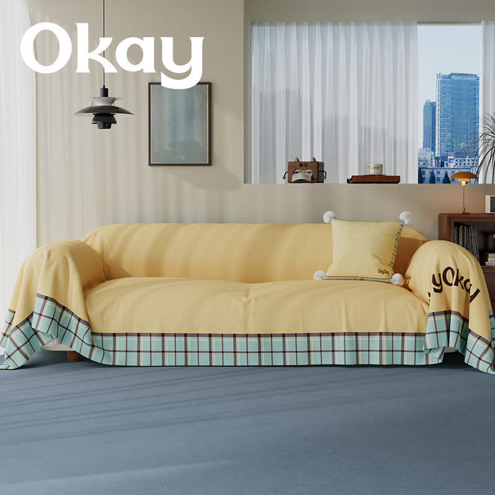 Reversible Plaid-Trim Sofa Slipcover and Throw Blanket Set