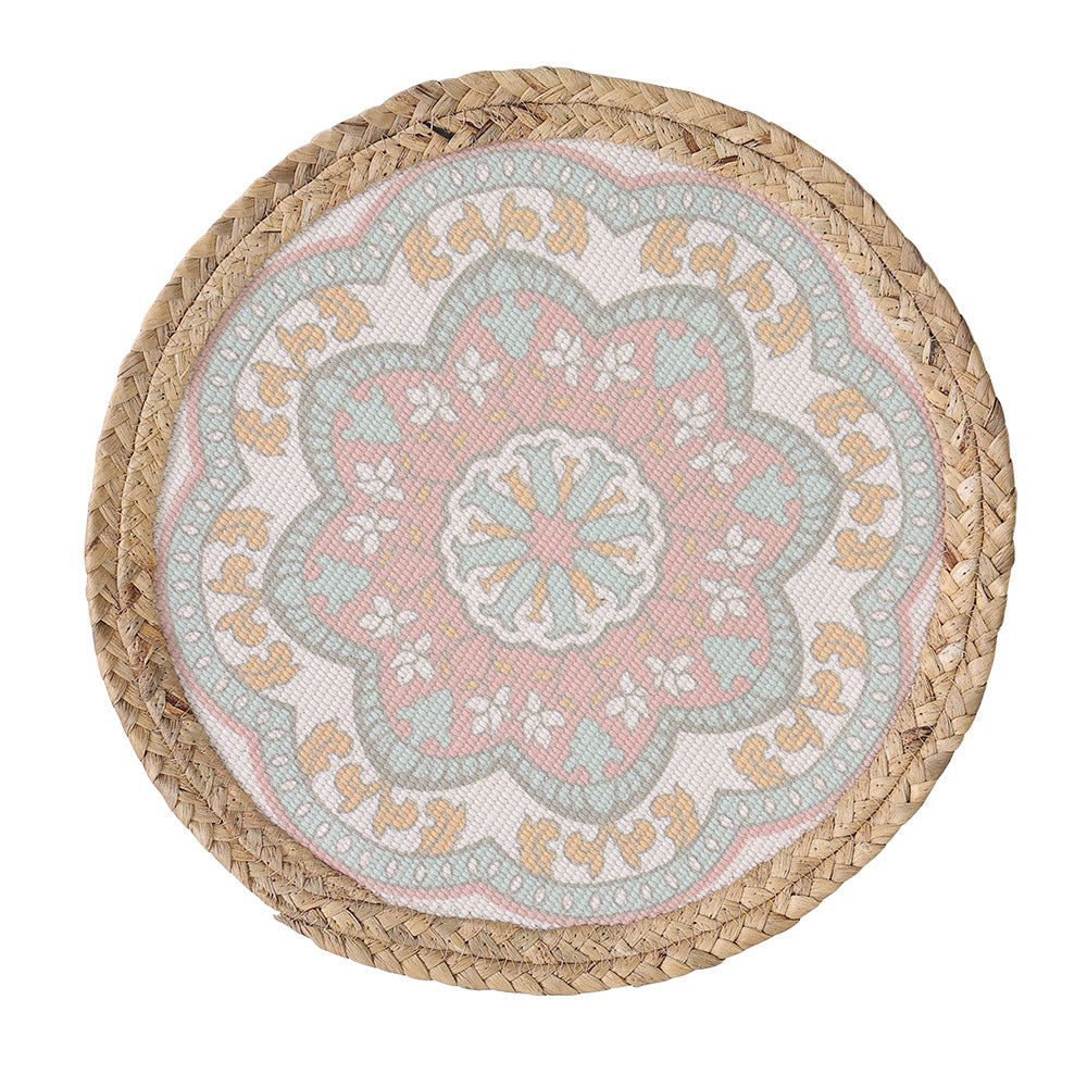 Rundes gewebtes Tischset aus Jute mit Mandala-Baumwollauflage Karnz