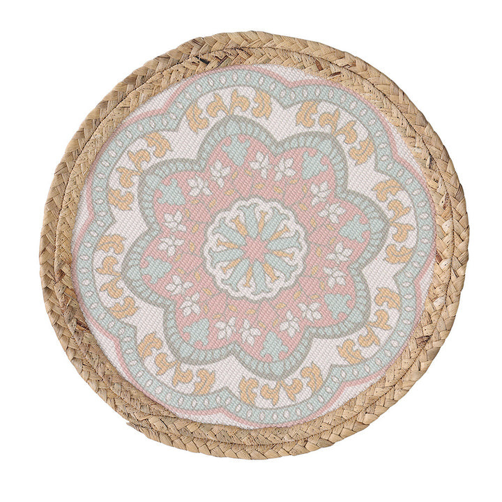 Rundes gewebtes Tischset aus Jute mit Mandala-Baumwollauflage Karnz