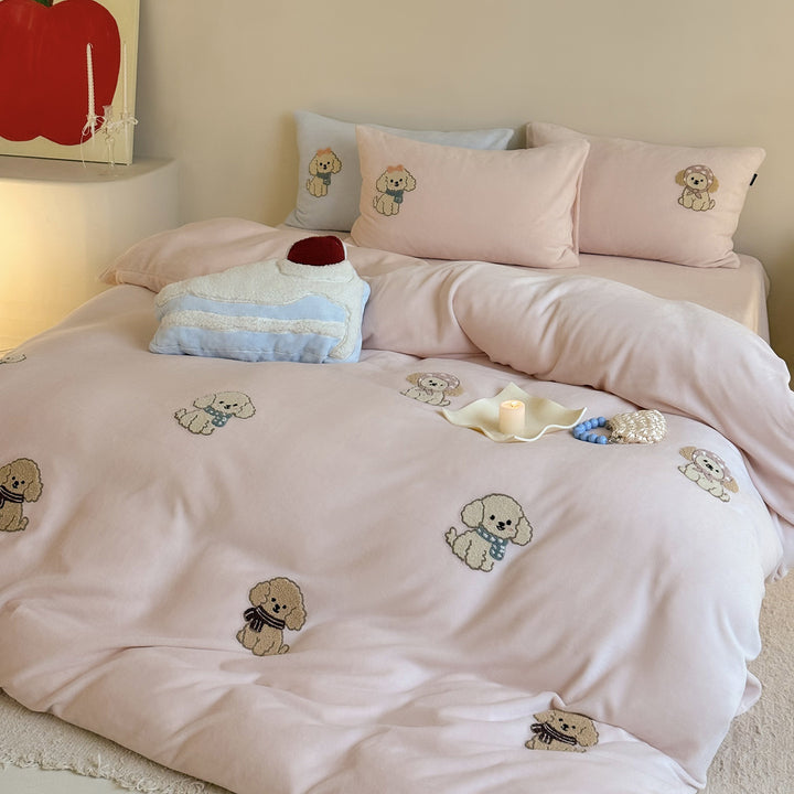 Bestickte Welpen-Motiv Baumwollsatin Bettwäsche Set