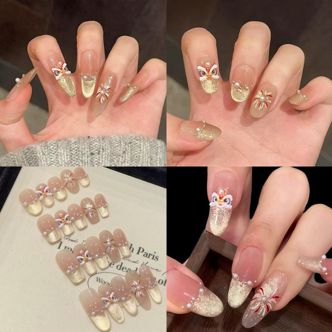 Dekoratives Press-On-Nagelkunstset mit 3D-Blumen- und Edelsteinakzenten