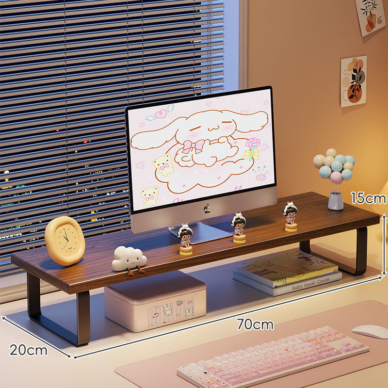 Kompakte Holz-Desktop-Monitorerhöhung mit Metallbeinen und unterer Ablagefläche
