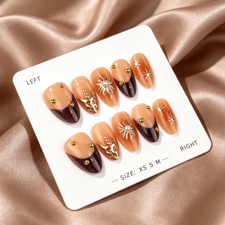Künstlerisches Press-On-Nagelkunst-Set mit elegantem Sonnen- und Edelsteindesign