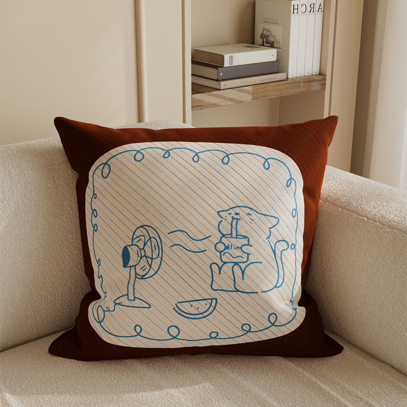 Square Cotton-Linen Decorative Throw Pillow Cover with Minimalist Reading Cat Line Art and Hidden Zipper