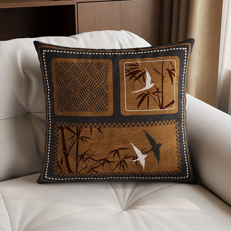 Decorative Square Velvet Throw Pillow Cover with Patchwork Quilted Stitch & Botanical Geometric Panels
