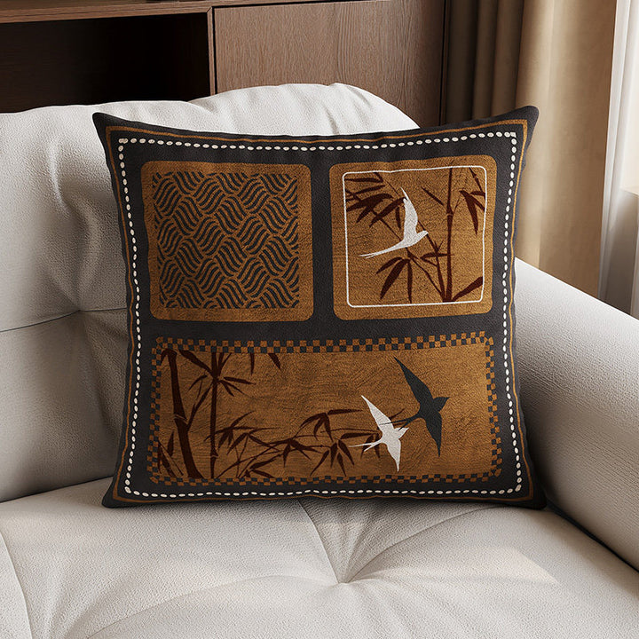 Decorative Square Velvet Throw Pillow Cover with Patchwork Quilted Stitch & Botanical Geometric Panels