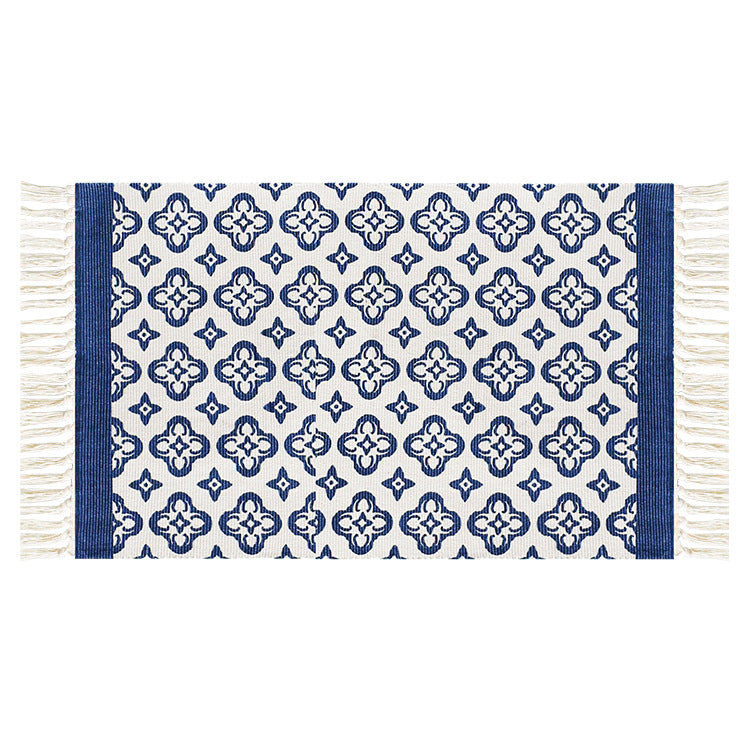 Flachgewebter Baumwollläufer mit mediterranem Kachel‑Jacquard und dekorativen Fransen Karnz