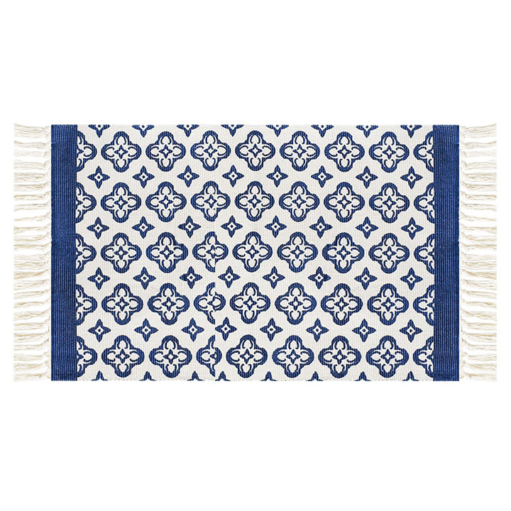 Flachgewebter Baumwollläufer mit mediterranem Kachel‑Jacquard und dekorativen Fransen Karnz