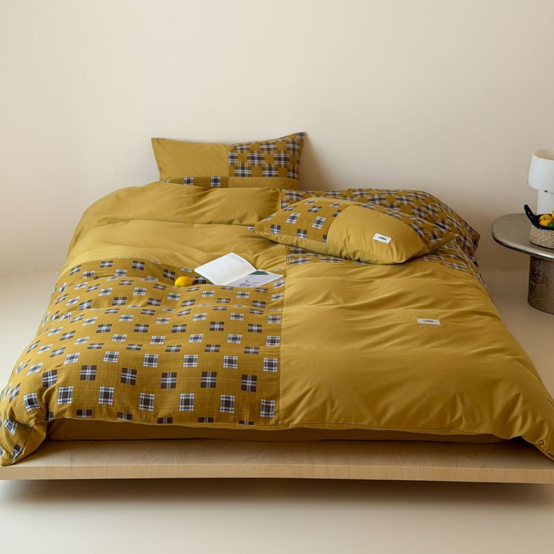 Bürstenbaum Plaid Patchwork Wendebettbezug Set mit verstecktem Reißverschluss und Eckenbindungen