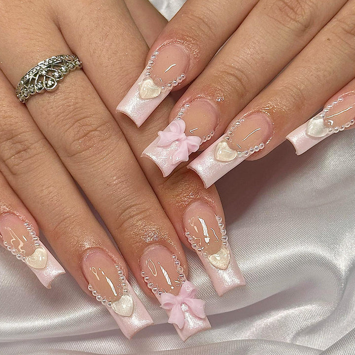 Dekoratives Press-On Nail Art Set mit Perlen und Schleifen Karnz