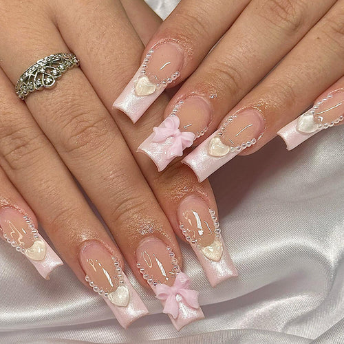 Dekoratives Press-On Nail Art Set mit Perlen und Schleifen Karnz