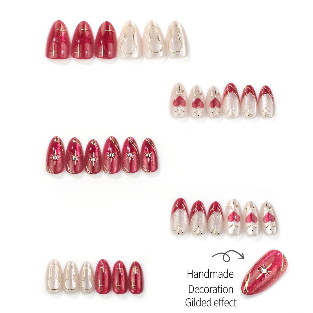 Künstlerisches Press-On-Nagelset mit Herz- und Stern-Designs