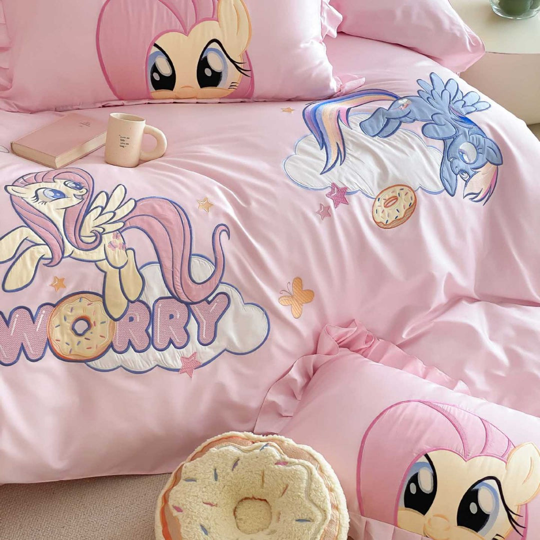 Cartoon Pony Rüsch Satin Bettbezugs Set
