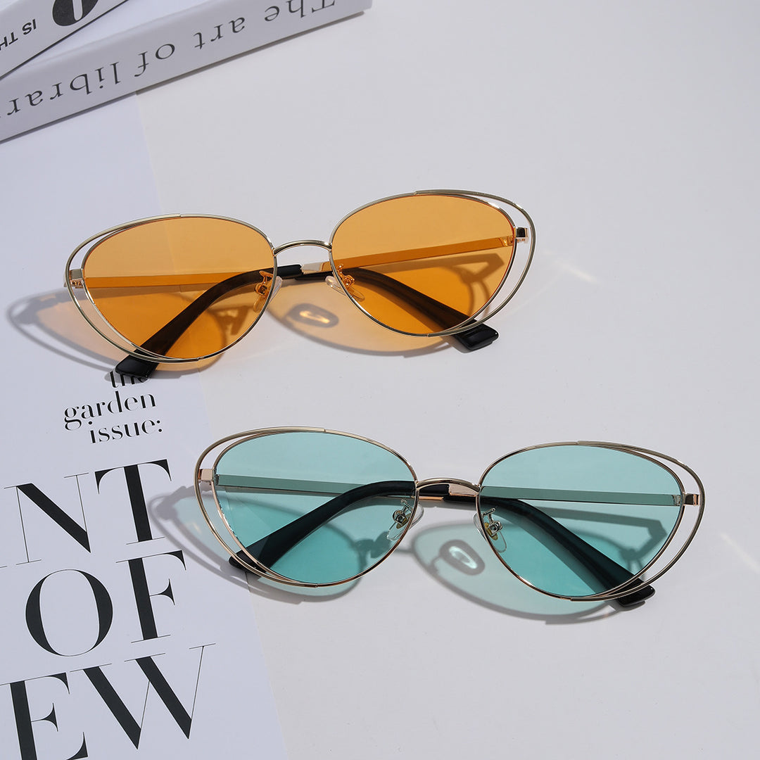 Damen geometrische Sonnenbrille mit rotem Glas und elegantem Metallrahmen Karnz