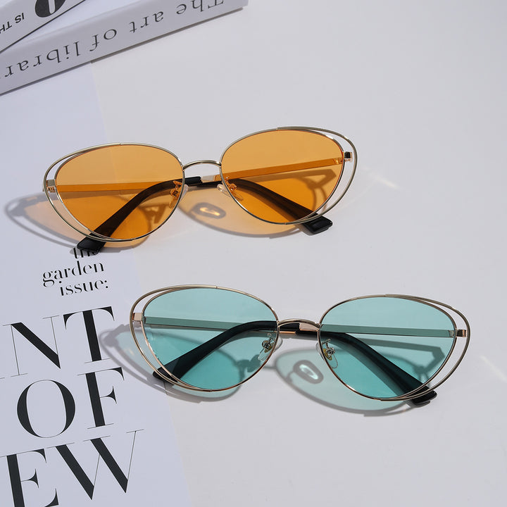 Damen geometrische Sonnenbrille mit rotem Glas und elegantem Metallrahmen Karnz