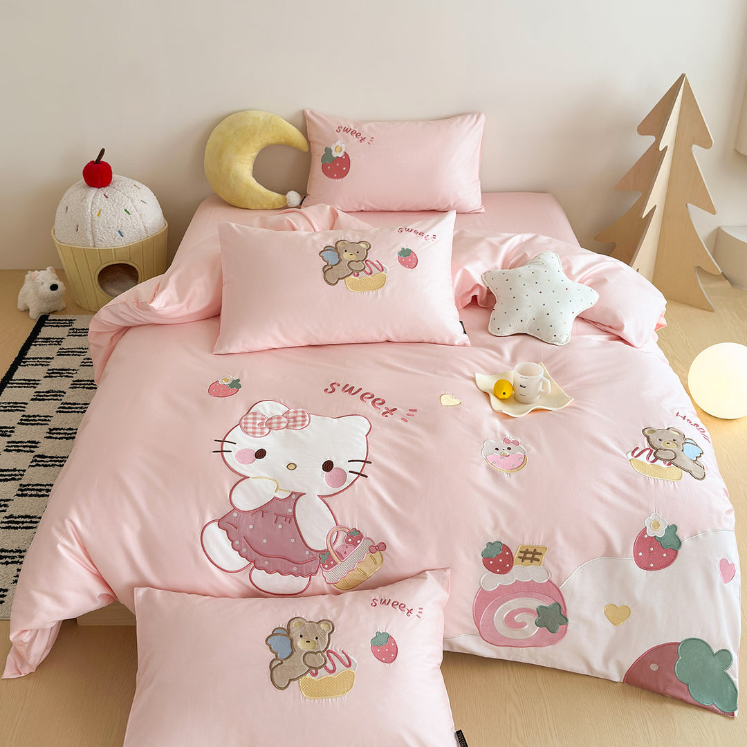 Kinder Cartoon Bestickte Pink Bettbezug Bettwäsche Set